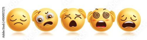 Confused emojis clipart characters set. Depressed emoji 3d character in tired, dizzy, stress, mood off, sad, drained and exhausted facial expression. Vector illustration confused emoticons clip art.  