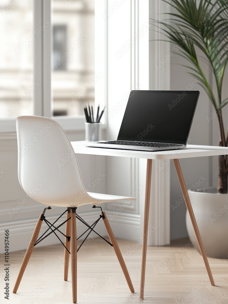 Stylish work place with modern laptop on white table, white chair near on light wall background. 3D rendering Stylish work place with modern laptop on white table, white chair near on light wall background. 3D rendering