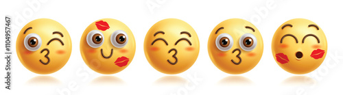 Blush emojis clipart characters set. Emoji 3d character in happy, in love, kissing, cute, smiling and obsessed facial expression graphic elements with kiss mark collection. Vector illustration blush 