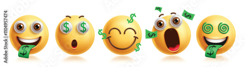 Money mouth emojis clipart character set. Emoji 3d character in greedy, rich, wealthy, happiness, dollar sign and fun facial expression graphic elements collection. Vector illustration money mouth 