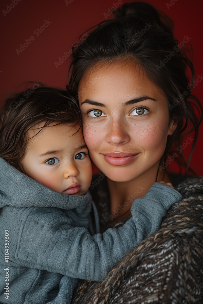 Mother and Child Portrait with Warm Red Background Mother and Child Portrait with Warm Red Background