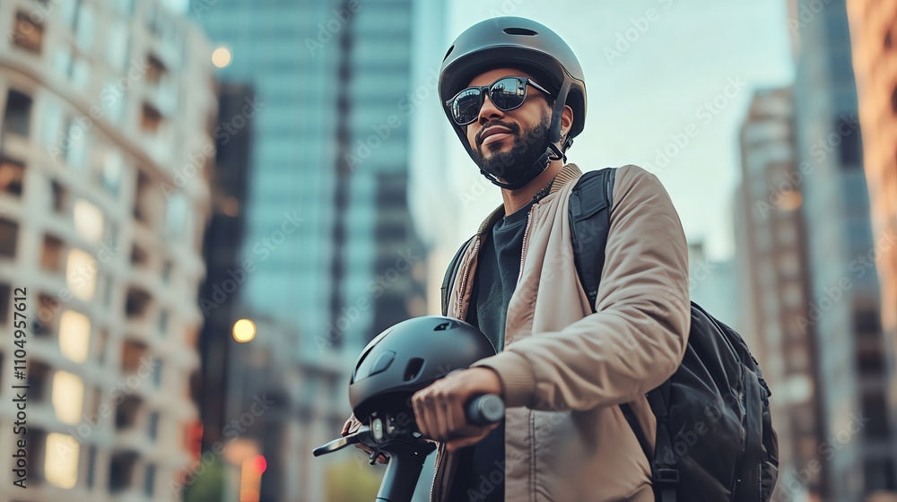 A young man in a helmet, smiling, on a city street. A young man in a helmet, smiling, on a city street.