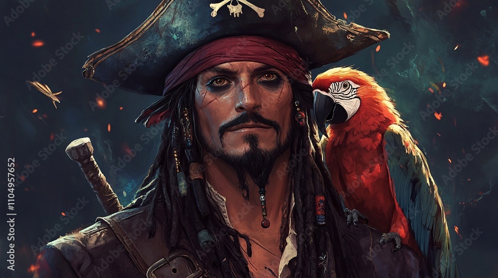 Fototapeta premium A pirate captain with a tricorn hat and a parrot on the shoulder, anime style