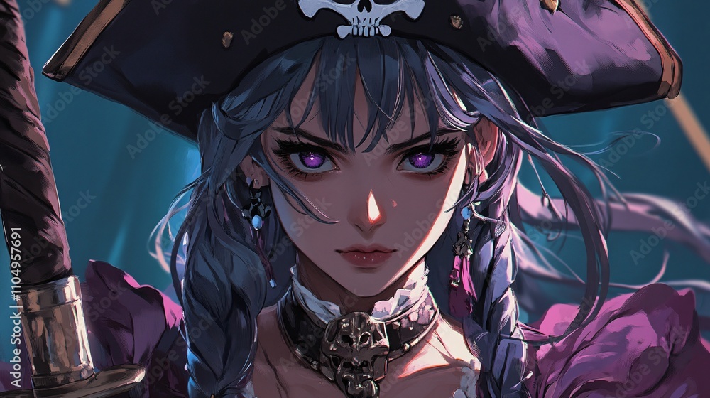 Fototapeta premium A pirate queen with a pirate hat and a cutlass, anime style