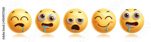 Drooling emojis clipart characters set. Emoji 3d character in hungry, craving, open mouth saliva, thirsty, desire, excited and grinning facial expression. Vector illustration drooling emoticons clip 