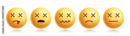 Dead emojis clipart characters set. Emoji 3d character in crossed eye, tired face, dizzy, exhausted, unconscious and drained facial expression graphic elements collection. Vector illustration dead