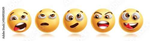 Naughty emojis clipart characters set. Emoji 3d character in silly, crazy, goofy, joking, fun, humor and funny facial expression yellow graphic elements. Vector illustration naughty emoticons clip art