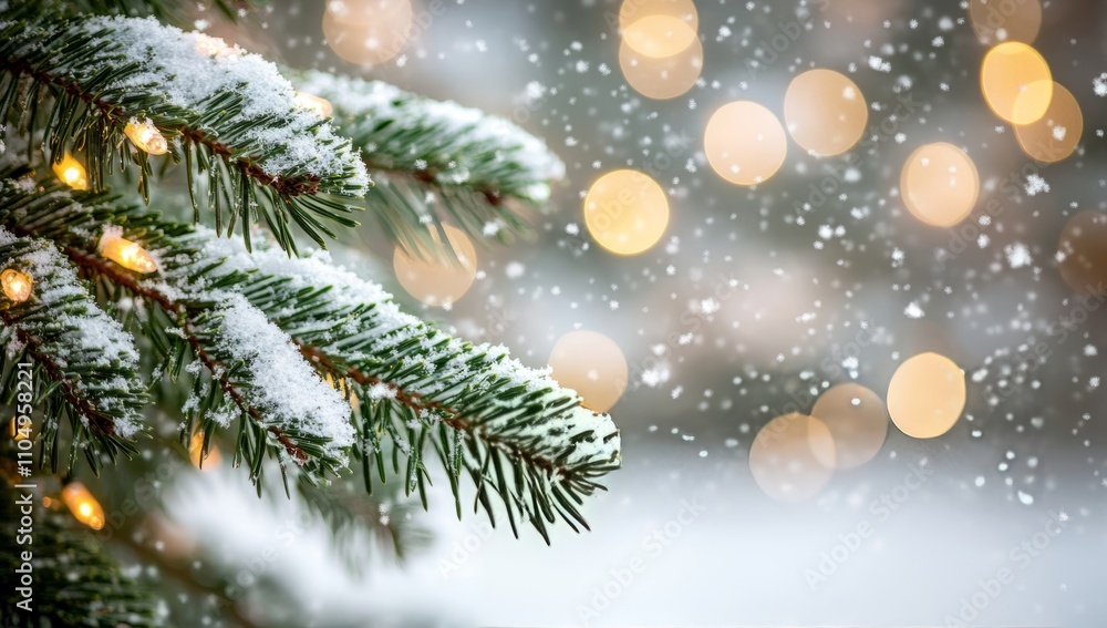 Close-up of green pine tree branches with snow and bokeh lights in the background Close-up of green pine tree branches with snow and bokeh lights in the background