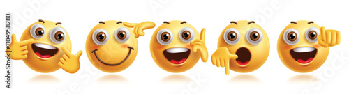 Emojis hands clipart characters set. Emoji pointing finger, up, down, signal, gesture, funny, happy and enjoy facial expression yellow graphic elements. Vector illustration hands gesture emoticons 