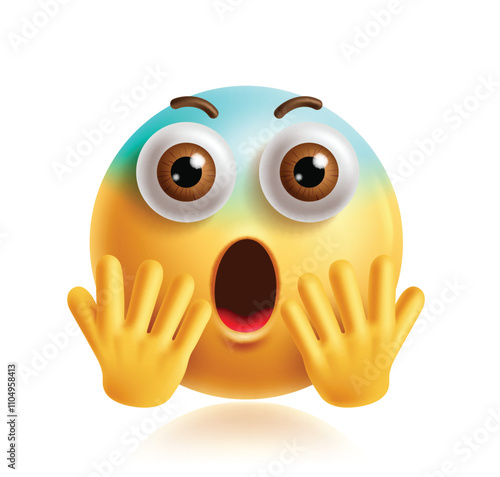 Screaming emoji clipart 3d character. Emoji face in fear, panic, shocking, wow, wonder, astonished and excited facial expression with big eyes and hand gesture. Vector illustration scream emoticon 