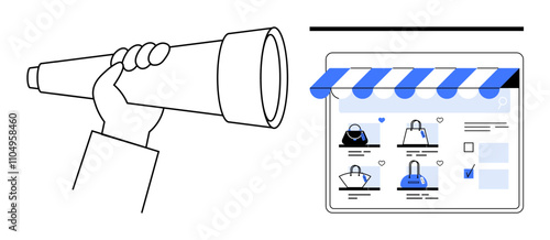 Hand holding telescope, viewing online store webpage with products awning above screen. Ideal for online shopping, e-commerce, market research, web design, product search, business strategy, digital