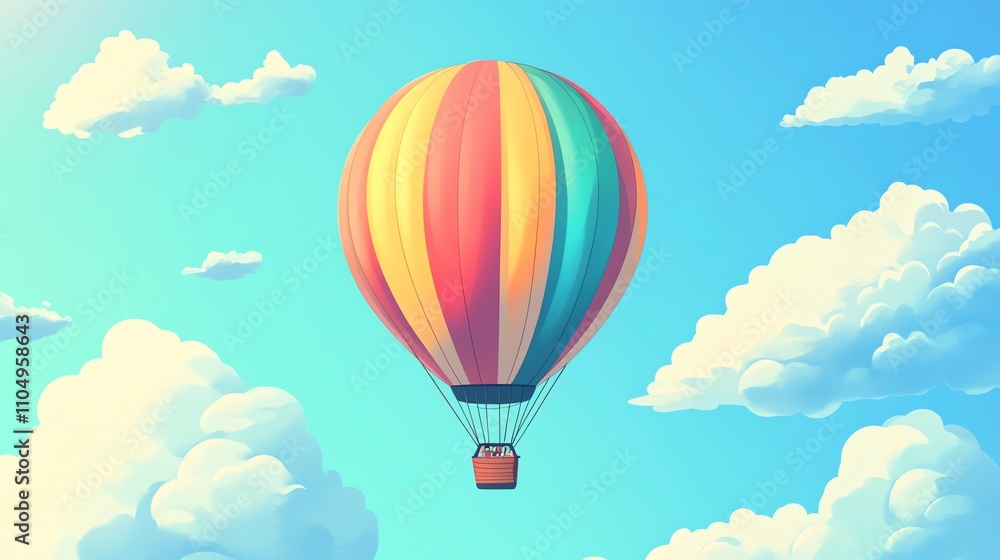 Naklejka premium A colorful hot air balloon floats in a bright blue sky with fluffy clouds.