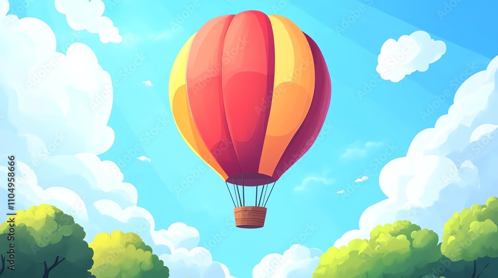 Naklejka premium A colorful hot air balloon floats in a bright blue sky with fluffy clouds.