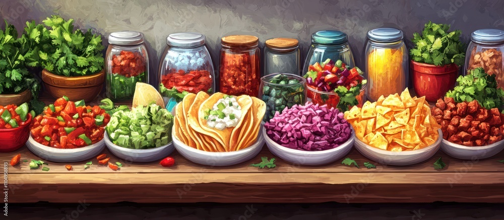 A table filled with various ingredients for a Mexican-inspired meal, including salsa, cilantro, chips, and beans, perfect for a fiesta or a casual gathering. A table filled with various ingredients for a Mexican-inspired meal, including salsa, cilantro, chips, and beans, perfect for a fiesta or a casual gathering.