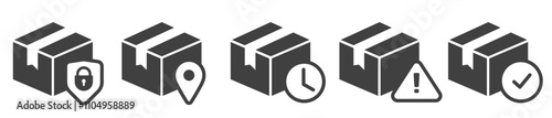 Order parcel box delivery status icons vector simple graphic pictogram illustration set, postal cargo freight package transportation info sign web symbols, shipping track ui elements clip art
