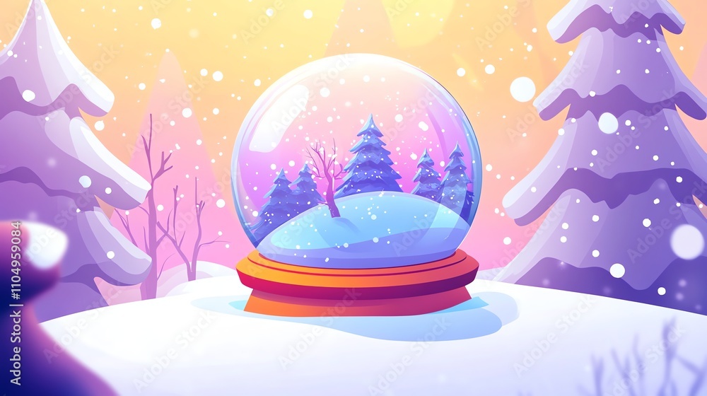 A snow globe with a small town inside is on a snowy surface with a snowy town in the background. A snow globe with a small town inside is on a snowy surface with a snowy town in the background.