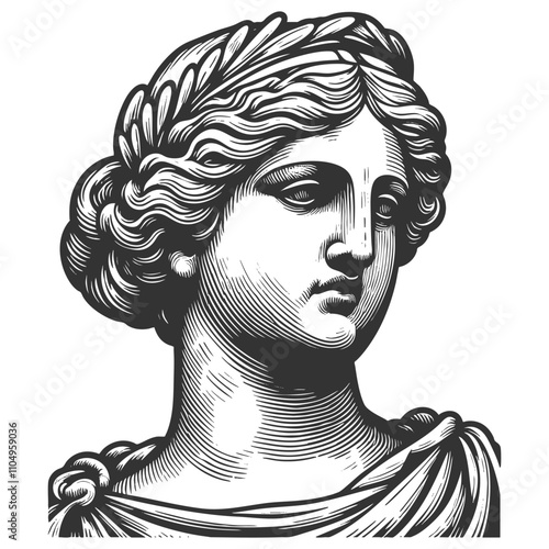 classical female statue head with intricate details, beauty and elegance sketch engraving generative ai fictional character vector illustration. Scratch board imitation. Black and white image.