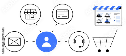 Central user icon connected to store, email, web page, customer support, and shopping cart elements. Ideal for e-commerce, digital marketing, customer support, online shopping web services retail