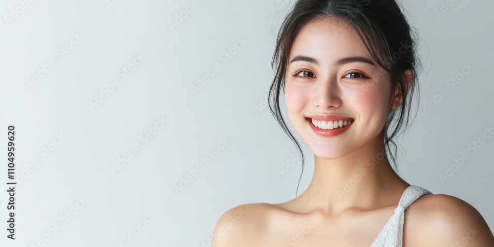 With radiant complexion, an Asian woman exudes elegance and vitality, making her image perfect for skincare and beauty product promotions. With radiant complexion, an Asian woman exudes elegance and vitality, making her image perfect for skincare and beauty product promotions.