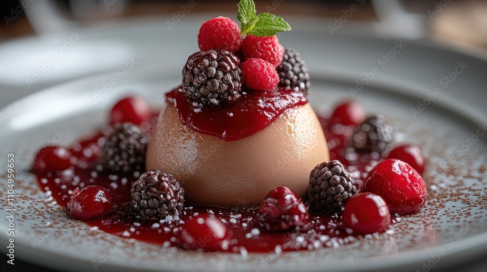Close-up of a chocolate dessert topped with fresh raspberries and blackberries, with a red berry sauce and powdered sugar on a white plate. Close-up of a chocolate dessert topped with fresh raspberries and blackberries, with a red berry sauce and powdered sugar on a white plate.