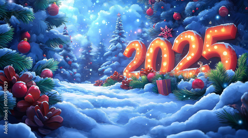 Illustration Background of number 2025 in pop mart style, bright pastel colors, Christmas and New Year card decoration