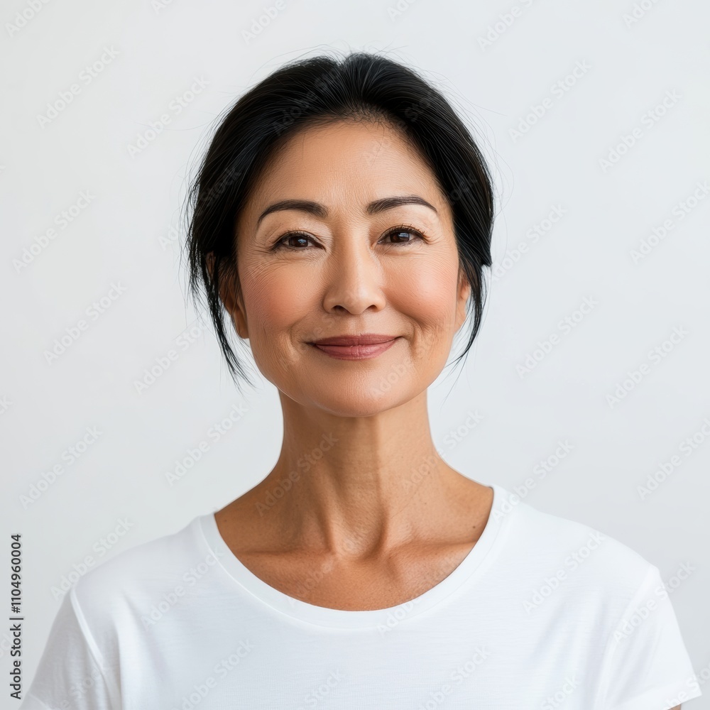 Fototapeta premium A senior Asian woman, aged 50-70, dressed in cultural attire, stands confidently against a soft gray backdrop, showcasing her timeless elegance in a studio setting.