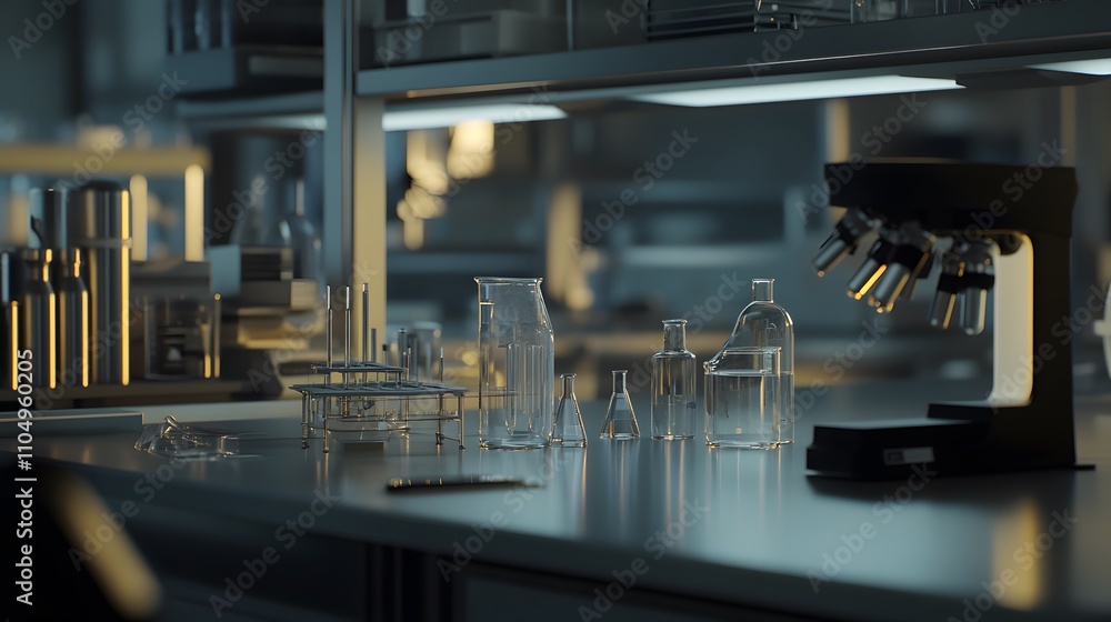 Empty research laboratory with sterile white walls and stainless steel tables. The absence of activity symbolizes potential and the promise of future discoveries. Empty research laboratory with sterile white walls and stainless steel tables. The absence of activity symbolizes potential and the promise of future discoveries.