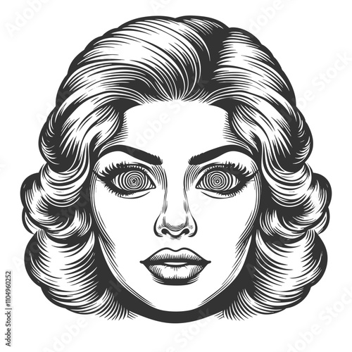 Hypnotized woman with hypnotic spiral eyes, capturing a retro, surreal expression sketch engraving generative ai fictional character vector illustration. Scratch board imitation. Black and white image