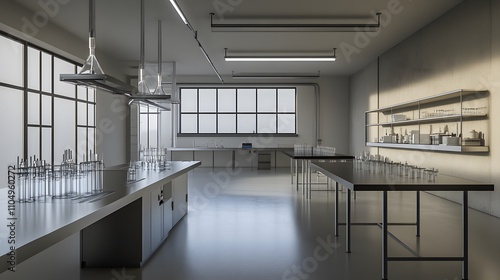 Empty research laboratory with sterile white walls and stainless steel tables. The absence of activity symbolizes potential and the promise of future discoveries.