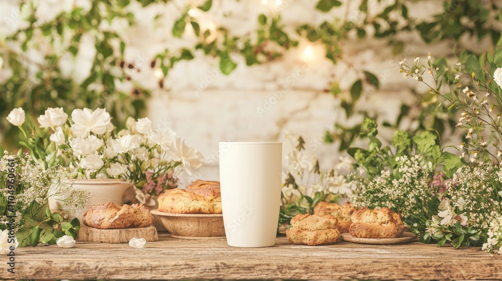 Cozy Kitchen Vibes: Ceramic Tumbler Mockup with Fresh Baked Goods on Rustic Farm Table Cozy Kitchen Vibes: Ceramic Tumbler Mockup with Fresh Baked Goods on Rustic Farm Table
