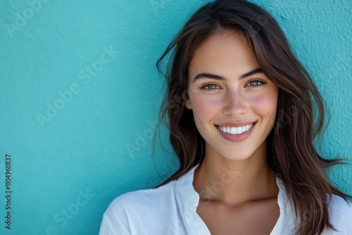 A Cute Caucasian woman with a radiant smile and white shirt stands confidently against a turquoise background, her charm and beauty shining through.