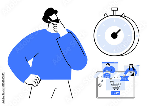 Person contemplating online shopping options with stopwatch nearby, representing urgency. Ideal for e-commerce, decision making, time management, marketing, sales strategies, user experience, digital