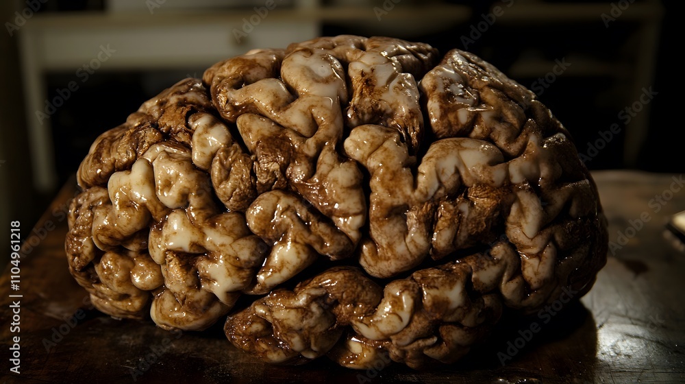 Close-up of human brain showing plaques. Understanding the complexities of neurological conditions through detailed anatomical study. Close-up of human brain showing plaques. Understanding the complexities of neurological conditions through detailed anatomical study.