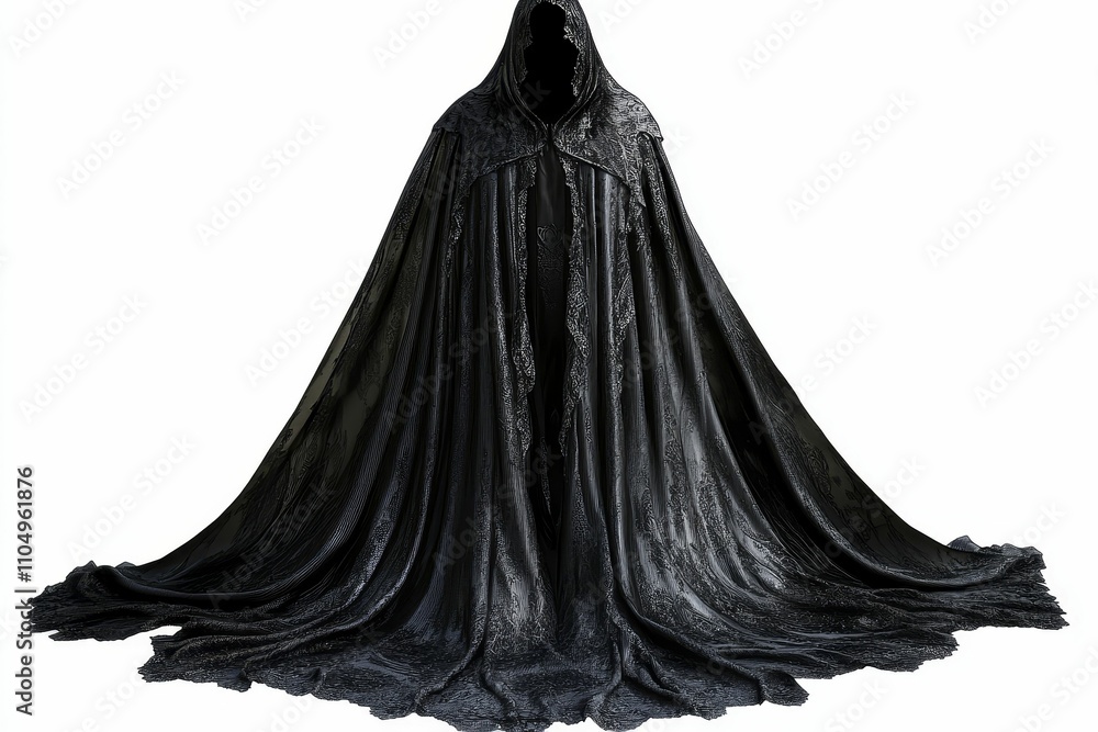 Naklejka premium Dark hooded cloak, ornate fabric, floor-length.