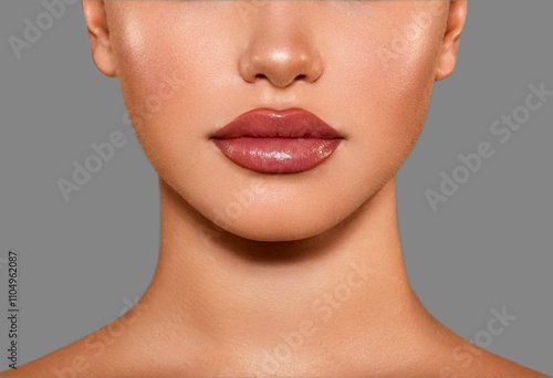 Close up of beautiful young woman's face with youthful smooth skin, makeup and lipstick with light gray background 