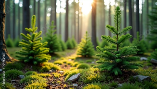 A small pine tree in a forestThe sun is shining through the treesThe ground is covered with mossThere photo