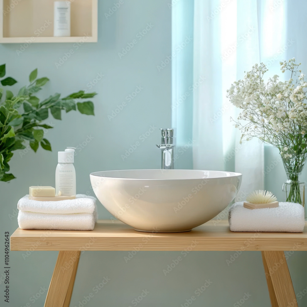 Vase with beautiful pink tulips and toiletries near sink in bathroom Vase with beautiful pink tulips and toiletries near sink in bathroom