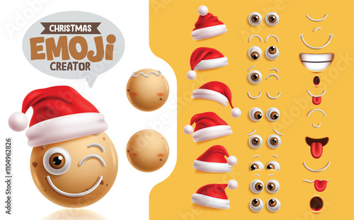 Emojis ginger bread creation kit clipart set. Christmas emoji ginger bread character with winking happy face, santa hat, eyes and mouth collection for facial expression mock up. Vector illustration 