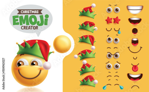 Emojis elf creation kit clipart set. Christmas emoji elf character with smiling happy face, eyes, mouth and hat collection for facial expression mock up. Vector illustration elf emoticon creation kit 