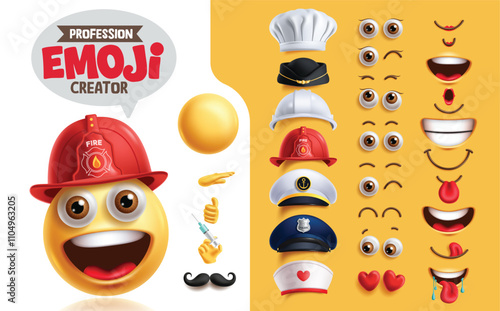 Emoji fireman creation kit clipart set. Profession emoji character with happy smiling face, eyes, mouth and profession hat collection for facial expression mock up. Vector illustration fireman 
