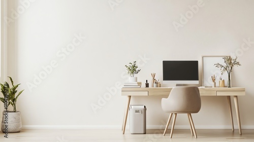 Minimalist home office with a desk, computer, and plant.