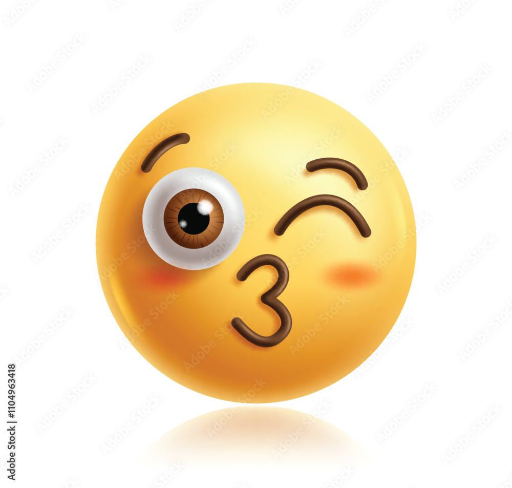 Kiss emoji 3d clipart character. Emoji face winking character in kissing lips, wink, crush, blush, shy, in love, happy, cute and smiling facial expression. Vector illustration kiss emoticon clip art. Kiss emoji 3d clipart character. Emoji face winking character in kissing lips, wink, crush, blush, shy, in love, happy, cute and smiling facial expression. Vector illustration kiss emoticon clip art.