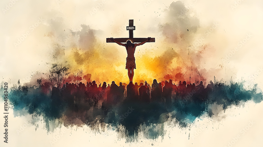 Watercolor silhouette of Jesus on the cross with people praying in front, set against a white background with faded dark colors and soft light, evoking a dreamy, spiritual atmosphere in a clipart styl Watercolor silhouette of Jesus on the cross with people praying in front, set against a white background with faded dark colors and soft light, evoking a dreamy, spiritual atmosphere in a clipart styl