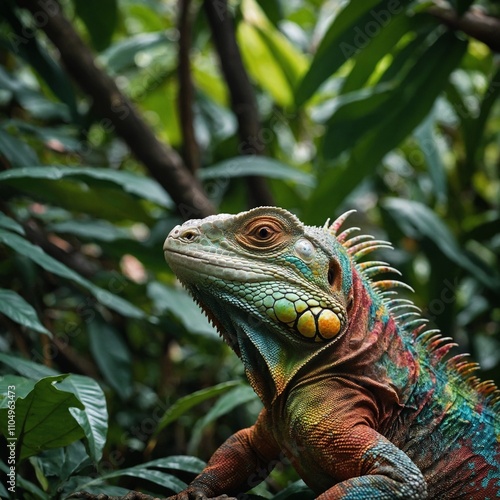 A colorful iguana sitting peacefully in a lush jungle canopy.