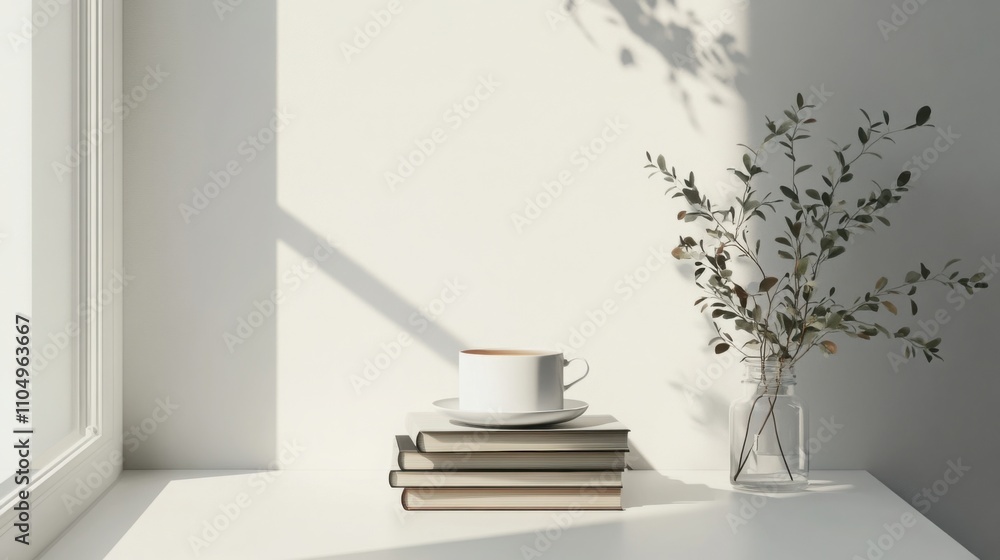 clean white windowsill with a stack of books, a cup of tea, and soft natural light clean white windowsill with a stack of books, a cup of tea, and soft natural light