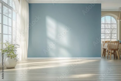Modern interior design of apartment, empty living room with blank blue wall