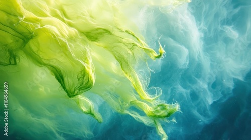 Abstract green and blue swirling paint underwater. photo