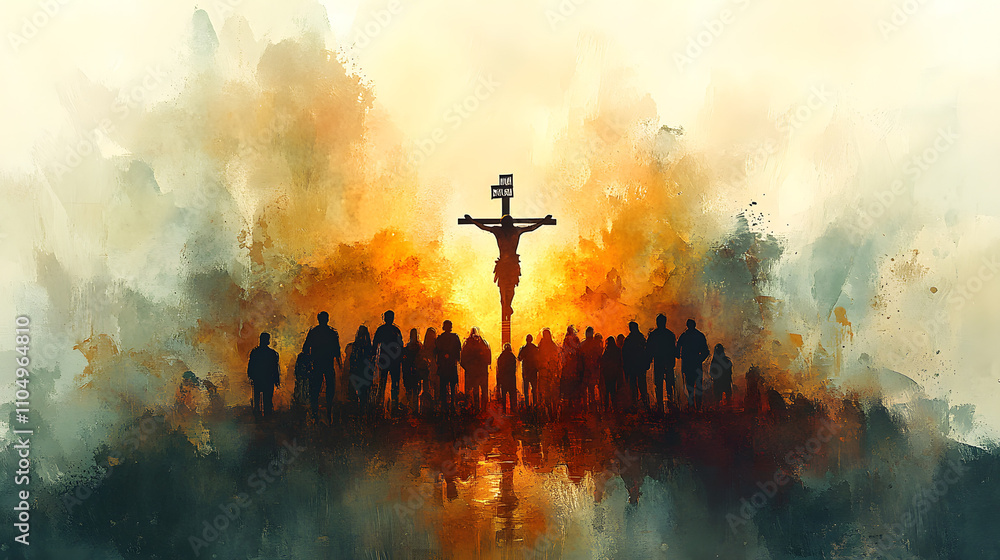 Watercolor silhouette of Jesus on the cross with people praying in front, set against a white background with faded dark colors and soft light, evoking a dreamy, spiritual atmosphere in a clipart styl Watercolor silhouette of Jesus on the cross with people praying in front, set against a white background with faded dark colors and soft light, evoking a dreamy, spiritual atmosphere in a clipart styl