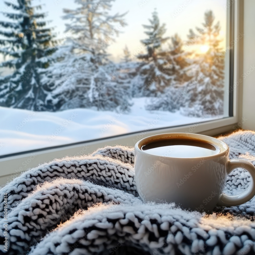 Enjoying a cozy winter morning with a warm cup of coffee by the snow-covered window home setting lifestyle content serene environment indoor viewpoint Enjoying a cozy winter morning with a warm cup of coffee by the snow-covered window home setting lifestyle content serene environment indoor viewpoint