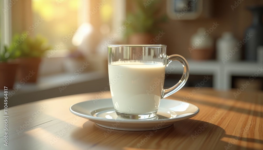 Fototapeta premium White glass mug filled with milk sitting on a saucer